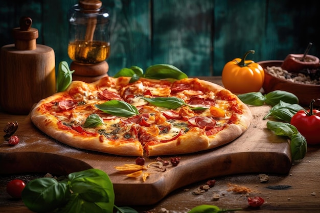 Rustic pizza op een houten plank met verse basilicumbladeren gemaakt met generatieve ai