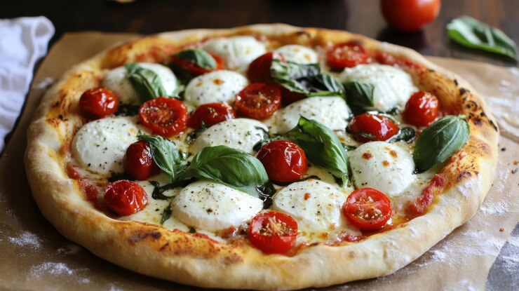 Photo a rustic pizza with a thin crispy crust topped with mozzarella