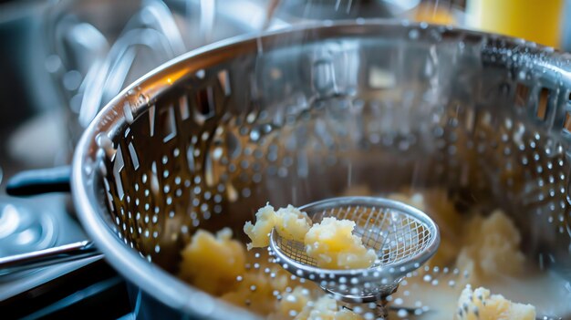 Photo rustic potato ricer close up of a ricer with fluffy mashed potatoes spilling out