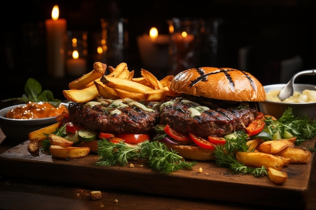 Rustic presentation craft beef burgers fresh vegetables and fries on wood