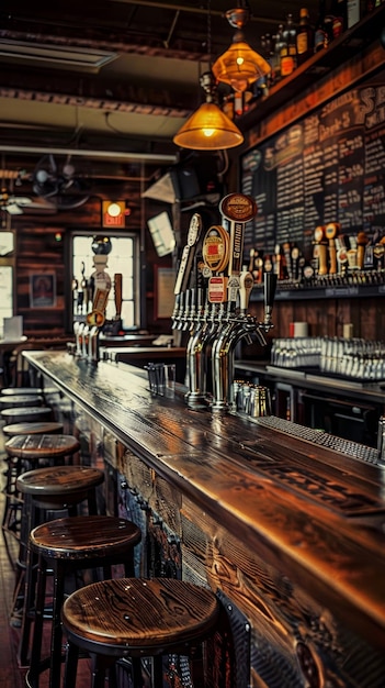 Rustic pub interior displaying an assortment of beer taps with ambient pendant lighting over a polished wooden counter