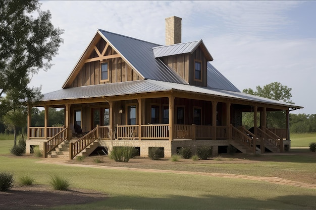 Rustic ranch house with wraparound porch and rocking chairs created with generative ai