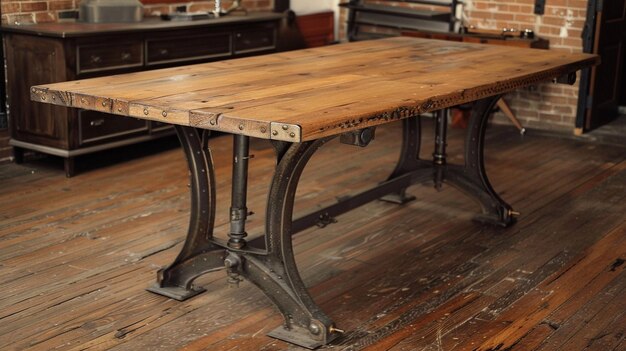 ハードウッドの床の上にある田舎風の復元された木製のダイニングテーブル