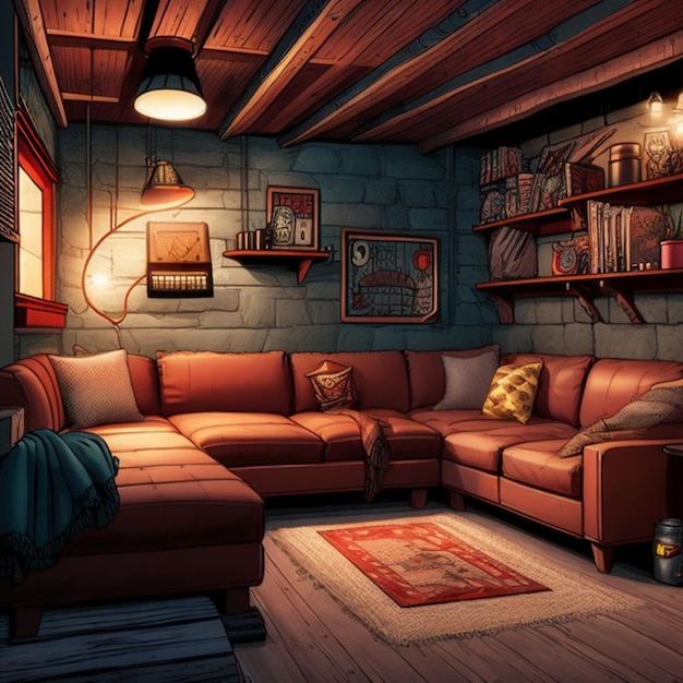 Rustic retro cozy basement lounge room interior