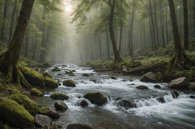 Rustic river flowing through green solitude