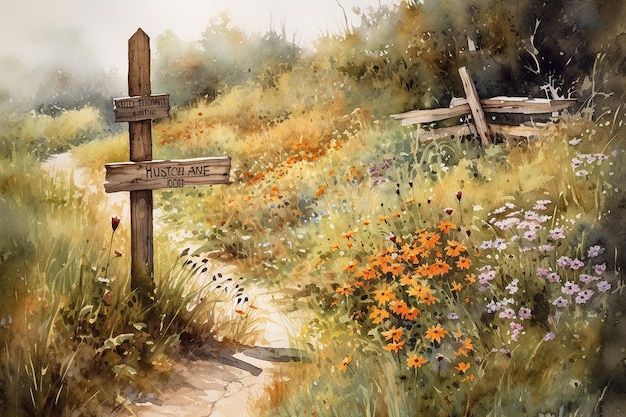 Rustic Road Sign Watercolor Art