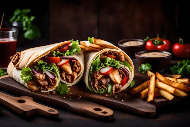 Фото Рустический рулон shawarma с французскими картошками фри, грибами, курицей и овощами в пита-хлебе на деревянном хлебе