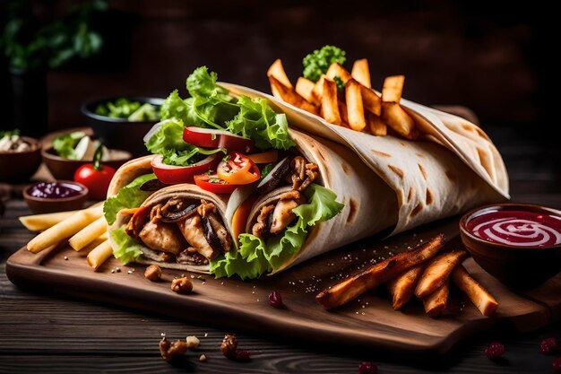 Photo rustic roll of shawarma with french friesmushrooms chicken and vegetables in pita bread on wooden