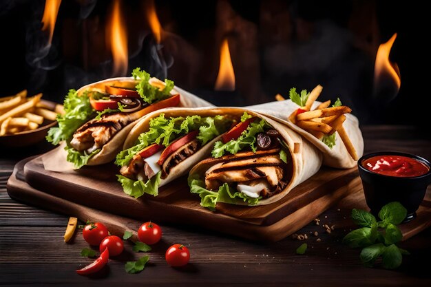 Photo rustic roll of shawarma with french friesmushrooms chicken and vegetables in pita bread on wooden