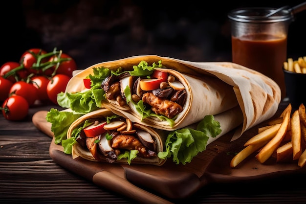 Rustic roll of shawarma with french friesmushrooms chicken and vegetables in pita bread on wooden