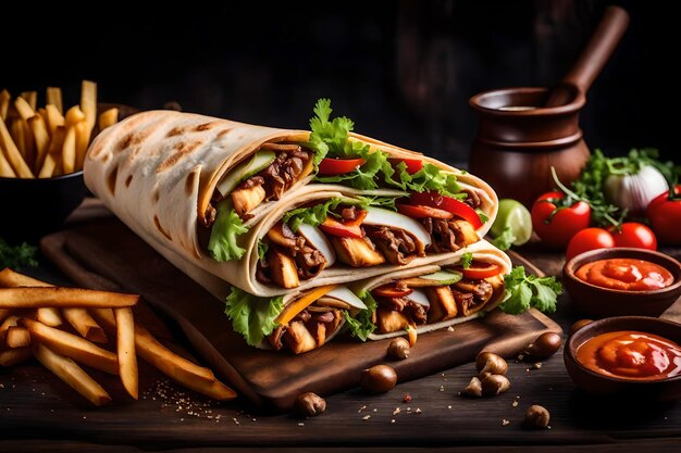 Рустический рулон shawarma с французскими картошками фри, грибами, курицей и овощами в пита-хлебе на деревянном хлебе