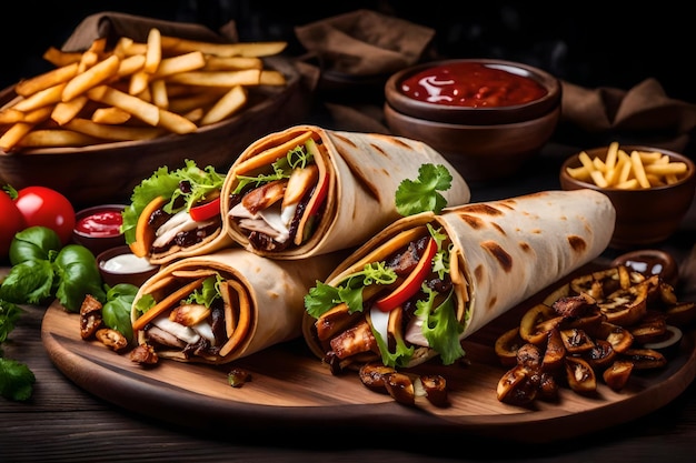 Rustic roll of shawarma with french friesmushrooms chicken and vegetables in pita bread on wooden