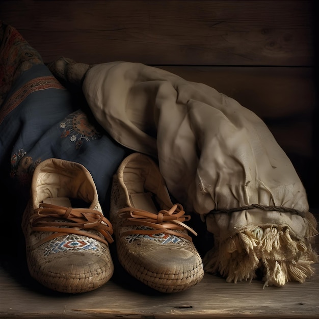 Rustic Russian peasant's bast shoes Generative AI