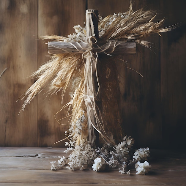 Rustic Sacred Cross Made of Weathered Barn Wood and Adorned Cross Palm Sunday Photo Christian Art