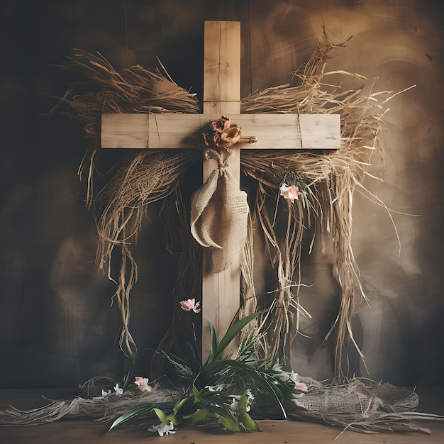 Rustic Sacred Cross Made of Weathered Barn Wood and Adorned Cross Palm Sunday Photo Christian Art