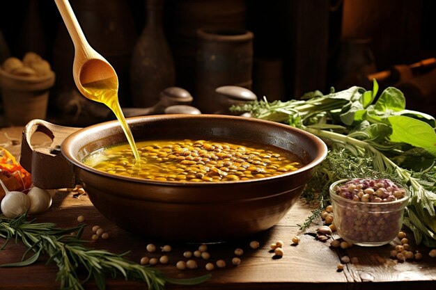 Foto una scena rustica di qualcuno che raccoglie verdure fresche per la zuppa di lenticchie