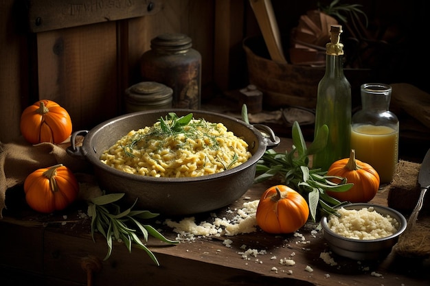 Rustic scene with a bowl of creamy vegan pumpkin risotto garnished with sage
