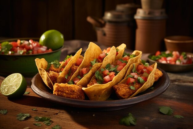 Rustic scene with a platter of crispy tofu tacos topped with salsa and guacamole