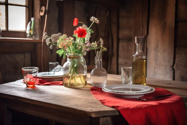 Rustic setting with wooden table red napkin and vase of flowers