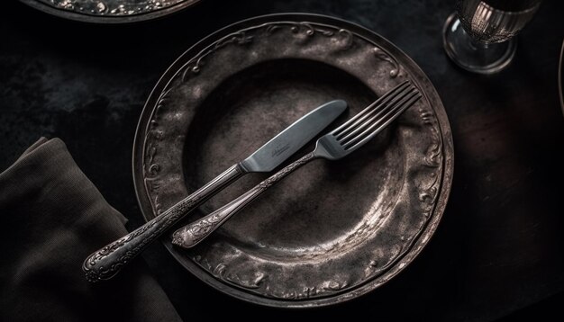 写真 木製のテーブルに置かれた素朴な銀食器、人工知能によって生成されたエレガントなダイニング アレンジメント