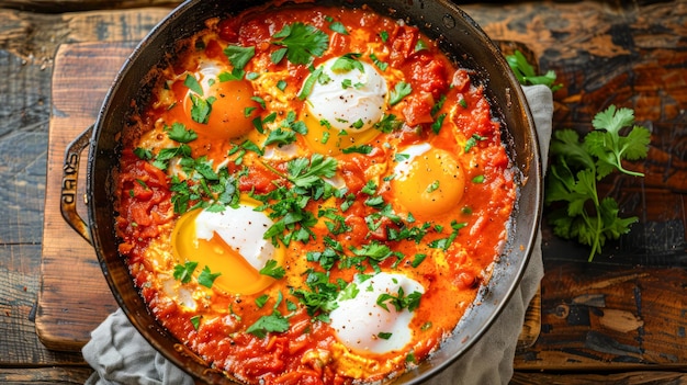 Rustic Skillet of Shakshuka with Poached Eggs Tomato Sauce and Fresh Parsley on Wooden Background