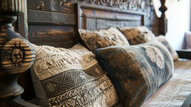 Foto rustic slaapkamer interieurontwerp met kussens op bed en decoratieve houten bed closeup generative ai