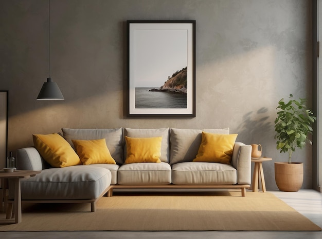 Rustic sofa with yellow cushions next to accent end table against beige wall with empty mock up