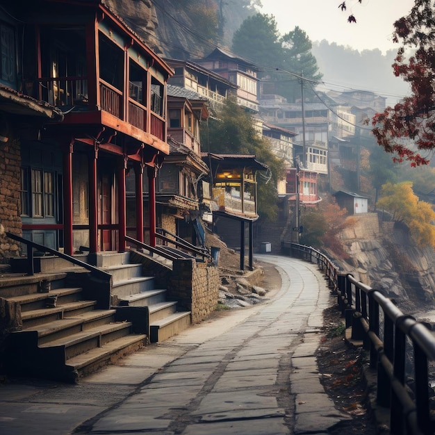 Rustic steps and stone brick buildings in a traditional street style