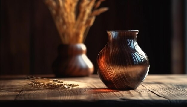 Rustic still life arrangement pottery jug wooden bowl antique vase generated by artificial intelligence