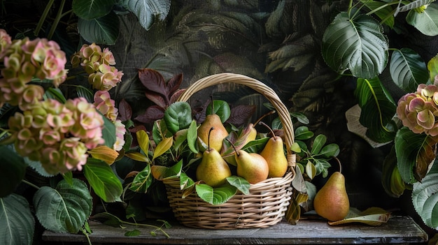 Рустическая натюрморт из свежих груш в корзине, окруженной пышной зеленью и цветами