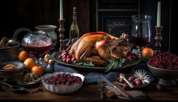 Rustic still life Roast turkey fresh vegetables wine generated by AI