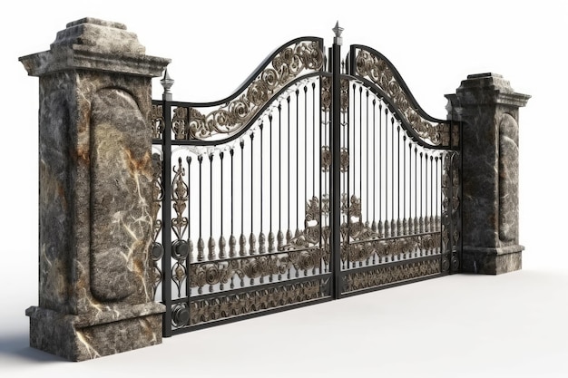 Rustic stone and iron gate set against a white background Generative AI