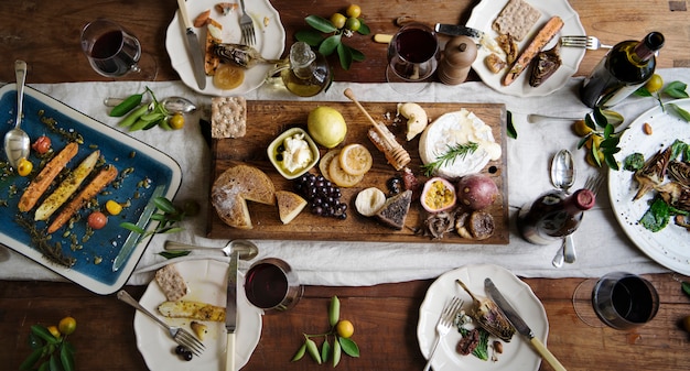 Rustic style dinner with cheese platter