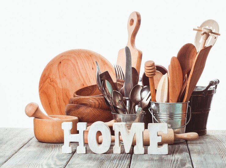 Photo rustic style kitchen - wooden and retro untersils and home letters
