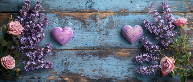 In a rustic style lilac flowers and roses are arranged on shabby wooden planks