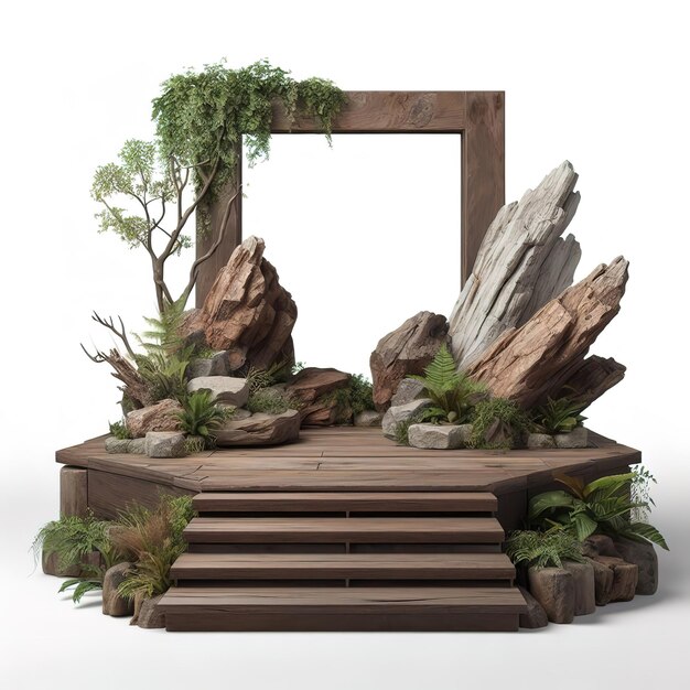 Rustic style product display podium with stones and green plants by ai generated