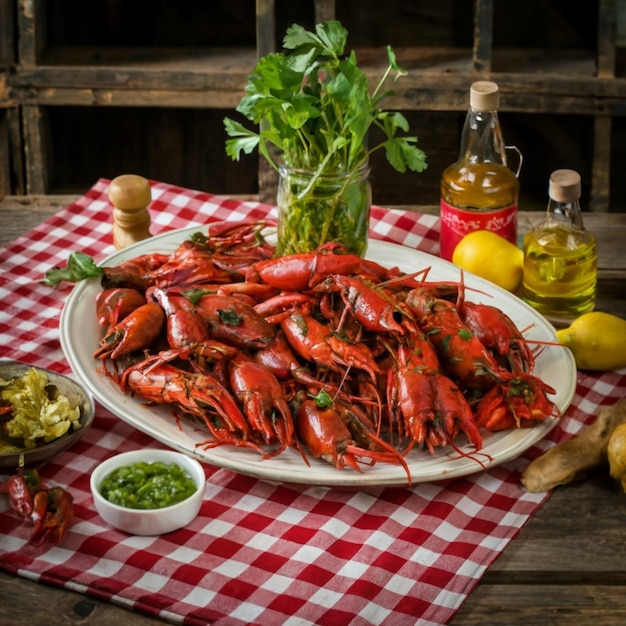 Rustic Style Table Setting with Red Boiled Crawfishes Crayfish Delight