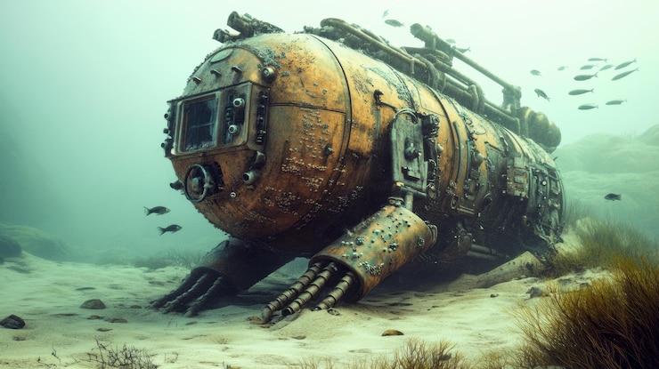 Photo rustic submarine rests on ocean floor surrounded by marine life and seaweed ai