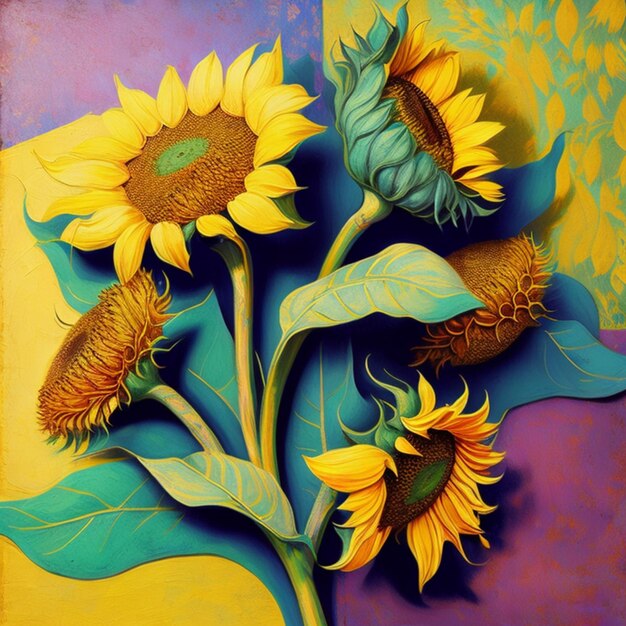 Rustic sunflowers on colorful background