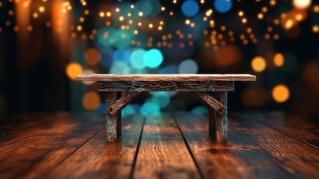 Rustic table amidst blurred bokeh and neon light backdrop