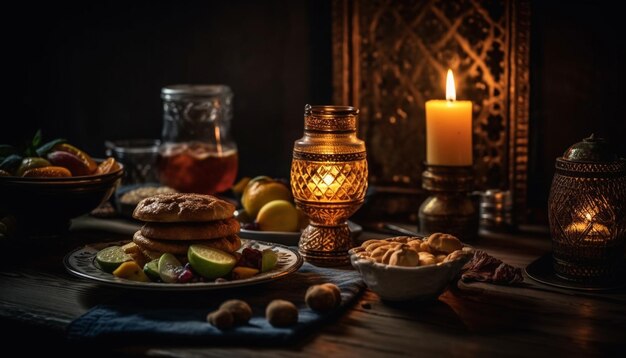 Rustic table candle flame gourmet meal fresh bread generated by AI