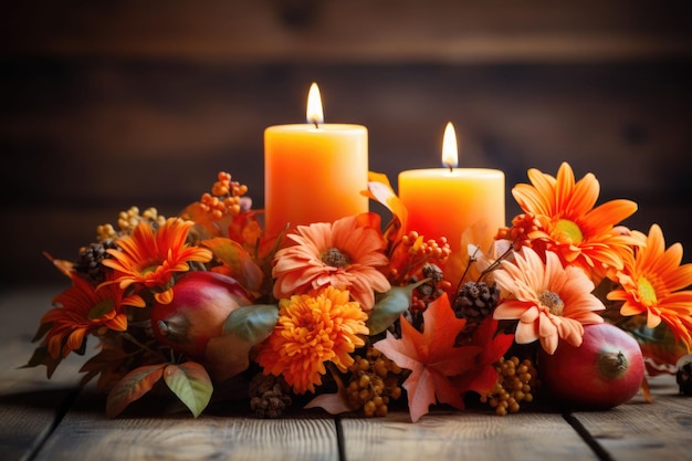 A rustic table centerpiece with candles and autumn foliages Generative AI illustration