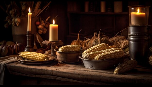 A rustic table decorated with pumpkin and candlelight generated by AI