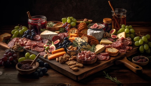 Rustic table displays gourmet meat fruit and cheese variations generated by AI