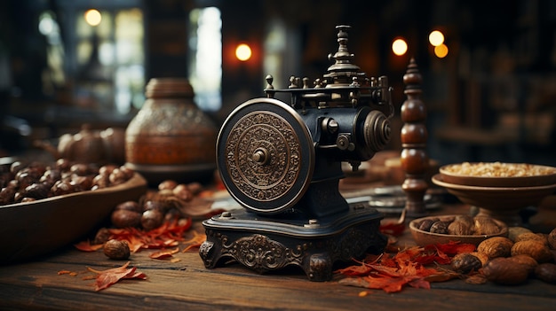 Rustic table holds antique coffee grinder close up