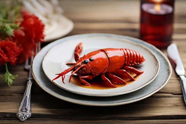 Photo rustic table setting featuring crayfish red boiled crawfishes delight