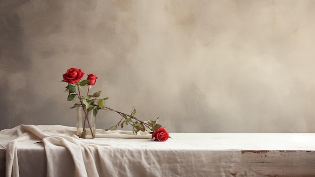 Rustic Table Setting with White Linen and Red Dried Rose
