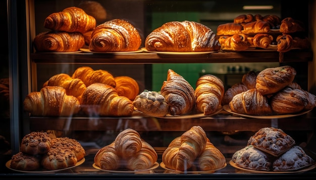 A rustic table with an abundance of homemade baked goods generated by AI