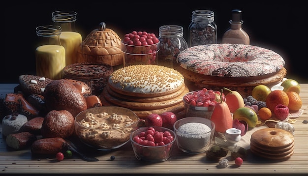 Rustic table with an abundance of homemade berry desserts and candles generated by artificial intelligence