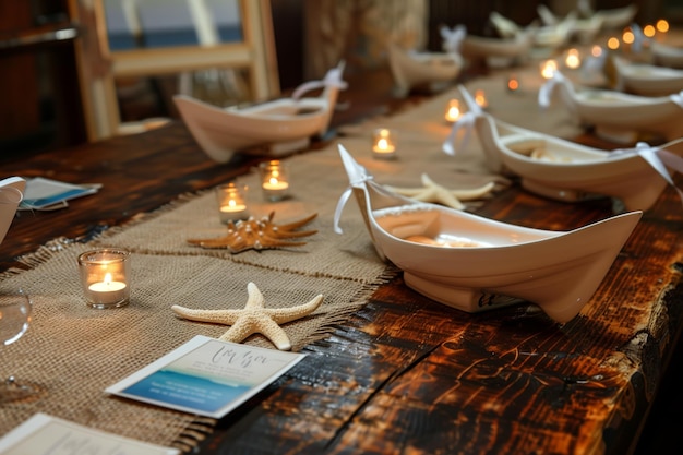 Рустический стол с бегунами из шерсти, карточками эскорта морских звезд и лодками с чайным светом.